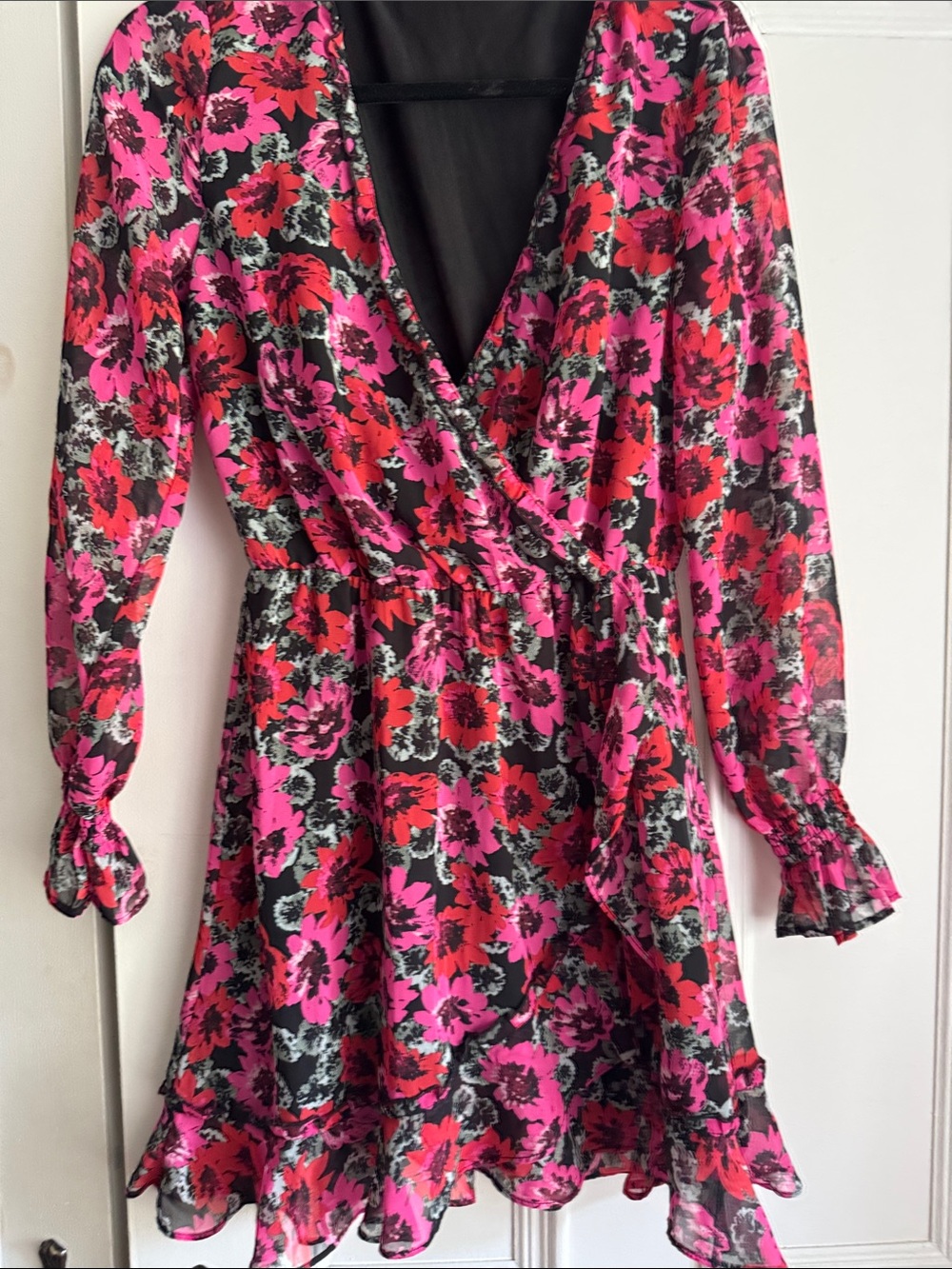 Divided Floral Wrap Mini Dress in Pink & Red